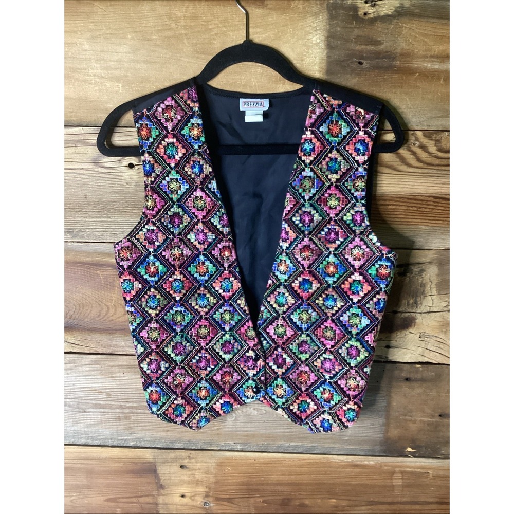 Vtg Prezzia Vest Colorful Embroidery USA Made Boho Gypsy Med